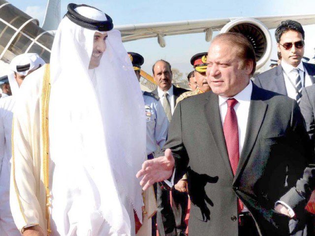 Prime Minister Nawaz Sharif receives Qatari emir at the Nur Khan base in Rawalpindi on March 23, 2015. PHOTO: APP