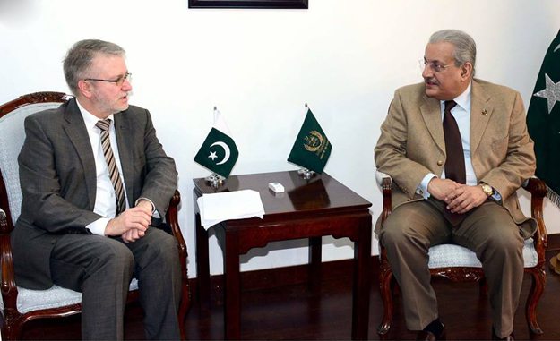 Chairman senate, Mian Raza Rabani exchanging views with Micheal Gahler, former chief of European Union election observation mission at parliament house. PHOTO: INP