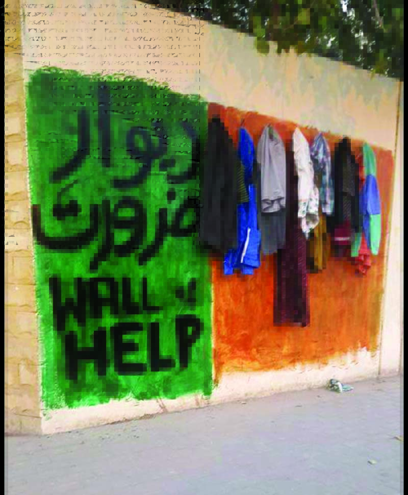 A ‘Wall of Help’ initiative was taken up by students after watching videos of similar initiatives in Peshawar and DHA, Karachi. PHOTOS: COURTESY IMDAD ALI, AYESHA MIR/EXPRESS