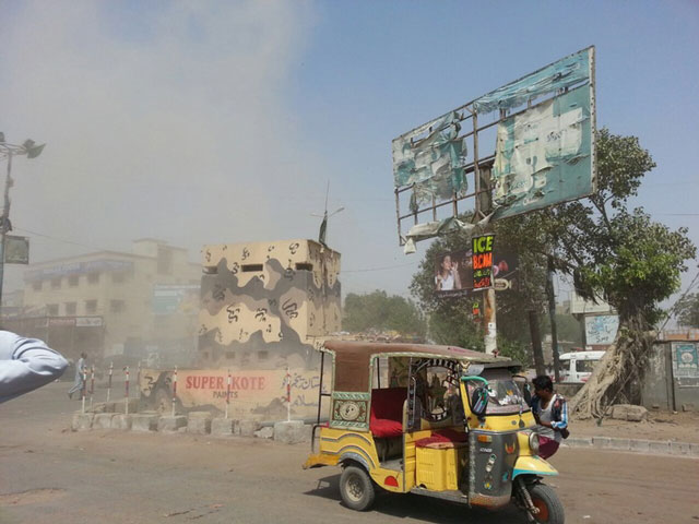 A Rangers checkpost that came under attack in Karachi's Korangi area on March 21, 2016. PHOTO: EXPRESS