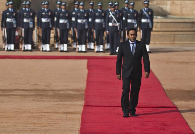 Maldives President Abdulla Yameen inspects a guard of honour during his ceremonial reception at the forecourt of India's presidential palace Rashtrapati Bhavan in New Delhi. PHOTO: REUTERS
