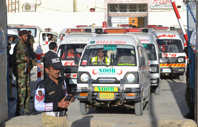 Ambulances arrive to take the dead from the hospital to be buried after they were killed in an attack on a Police Training Centre near Quetta October 25, 2016. PHOTO: REUTERS