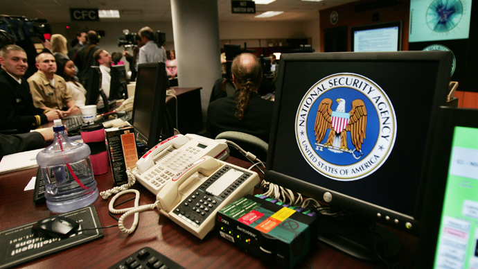 National Security Agency (NSA) logo inside the Threat Operations Center inside the Washington suburb of Fort Meade . PHOTO: AFP