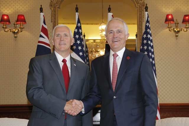 US Vice President Mike Pence (L) meets with Australia's Prime Minister Malcolm Turnbull at Admiralty House in Sydney on April 22, 2017. PHOTO: AFP