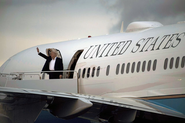US President Donald Trump boards Air Force One at Morristown Municipal Airport May 7, 2017 in Morristown, New Jersey. PHOTO: AFP