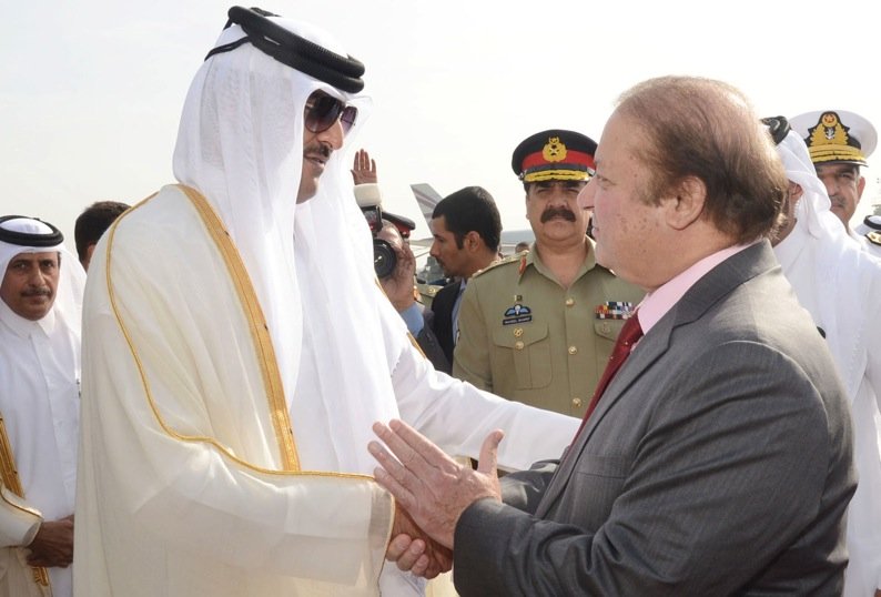 Prime Minister Muhammad Nawaz Sharif Seeing off Emir of Qatar H.H. Sheikh Tamim bin Hammad Al-Thani at Noor Khan Airbase, Rawalpindi on 24th March, 2015.