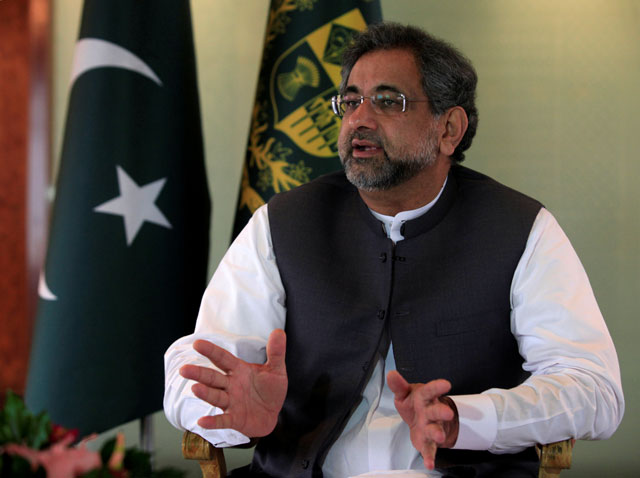 Prime Minister Shahid Khaqan Abbasi speaks with a Reuters correspondent during an interview at his office in Islamabad, September 11, 2017. PHOTO: REUTERS