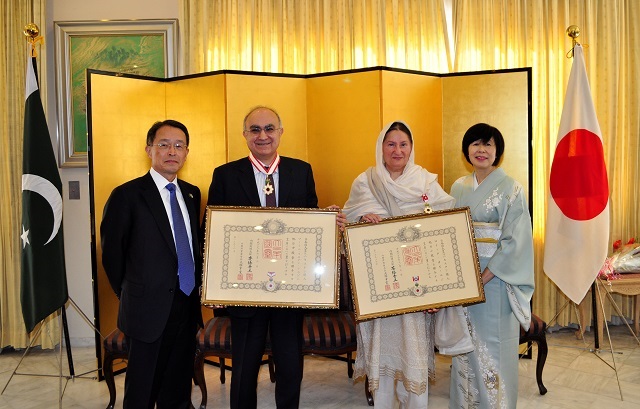 Honorary Consul General of Japan in Lahore Amir Hussain Shirazi was conferred with The Order of the Rising Sun, Gold Rays with Neck Ribbon while Pakistan-Japan Cultural Association (PJCA) President Roeeda Kabir was honoured with The Order of the Rising Sun, Gold Rays with Rosette. PHOTO COURTESY: Embassy of Japan in Pakistan