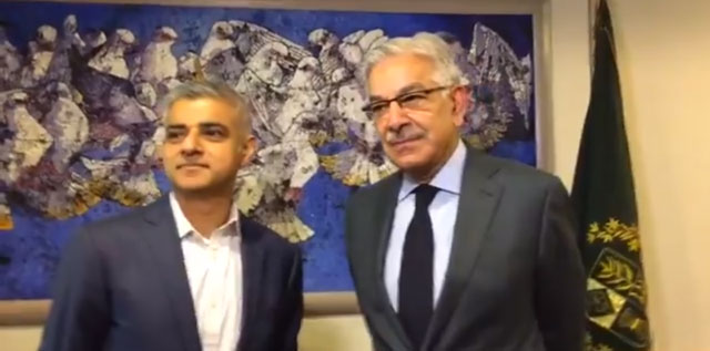 London mayor Sadiq Khan calls on Foreign Minister Khawaja Asif in Islamabad. SCREEN GRAB