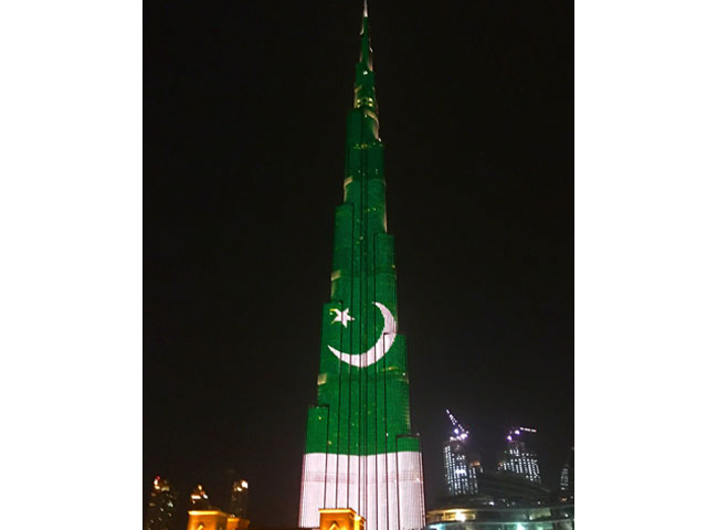 Burj Khalifa lit up in colours of the Pakistan flag. PHOTO: BURJ KHALIFA