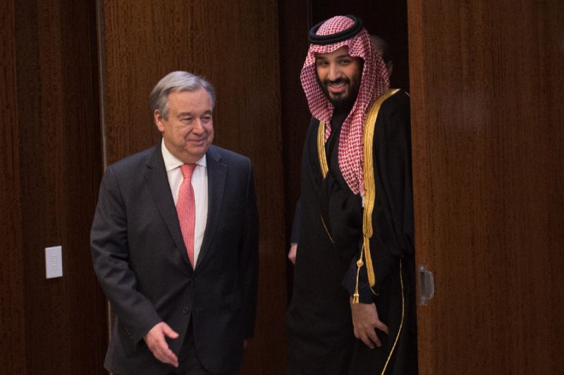 Saudi Arabia's Crown Prince Mohammed bin Salman arrives to meet with United Nations Secretary-General Antonio Guterres at the United Nations, where he presented a check for humanitarian aid in Yemen. PHOTO: AFP