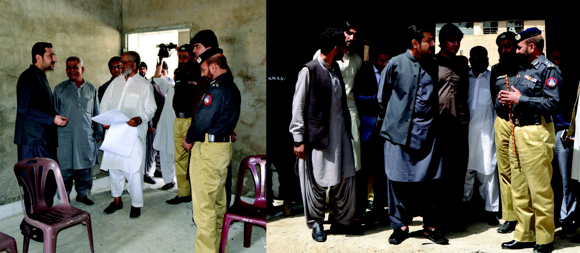 Caretaker Balochistan Chief Minister Alauddin Marri interacts with officers during his visit to the under-construction Gawalmandi police station. PHOTO: EXPRESS