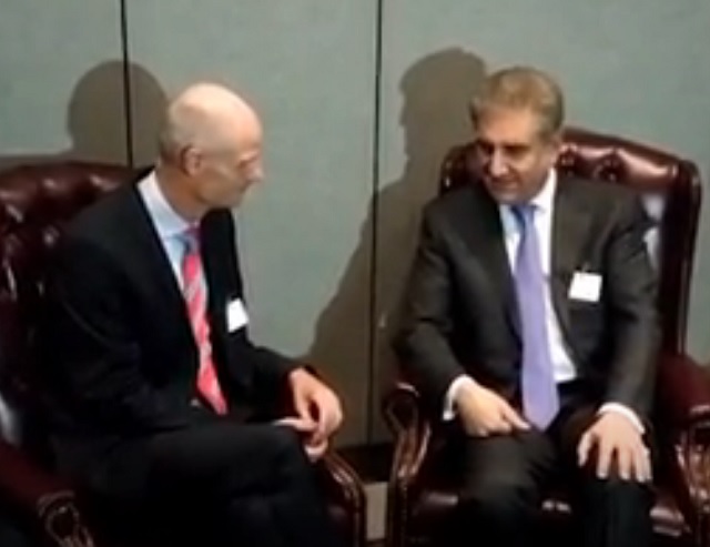 FM Shah Mehmood Qureshi meets his Dutch counterpart Stef Bloc on the sidelines of United Nations General Assembly on Monday. SCREENGRAB