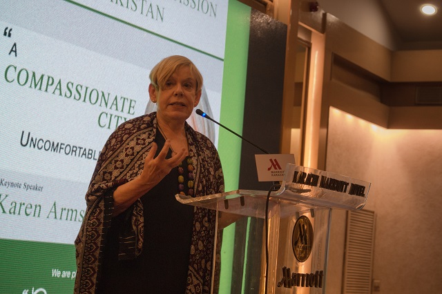 Religious scholar Karen Armstrong delivers a lecture at Marriott Hotel in Karachi. PHOTO: EXPRESS