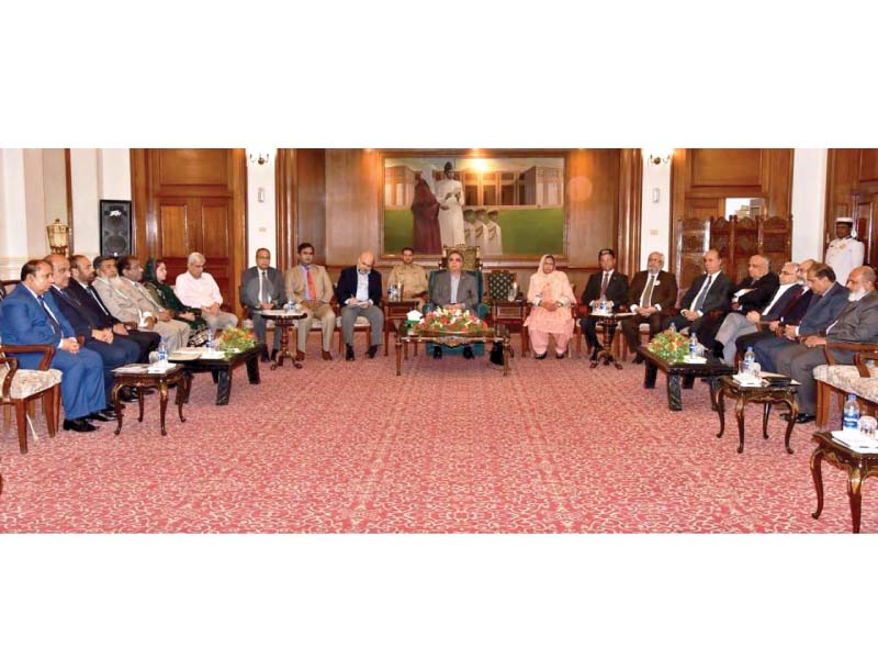 Sindh governor Imran Ismail meets with Senator Rukhsana Zuberi and vice chancellors of the province’s 25 universities at the Governor’s House. PHOTO: PRESS RELEASE