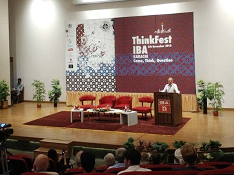 British author, playwright and screenwriter Hanif Kureishi delivers the keynote address at the IBA ThinkFest on Saturday. PHOTO: BILAL FAROOQI/EXPRESS