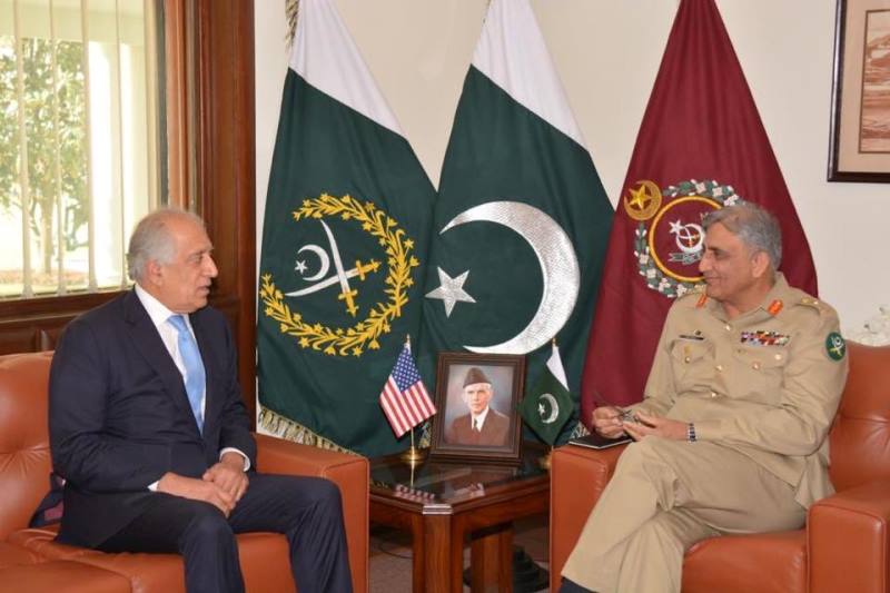 Special envoy for Afghan reconciliation Zalmay Khalilzad in a meeting with army chief General Qamar Javed Bajwa. PHOTO: ISPR