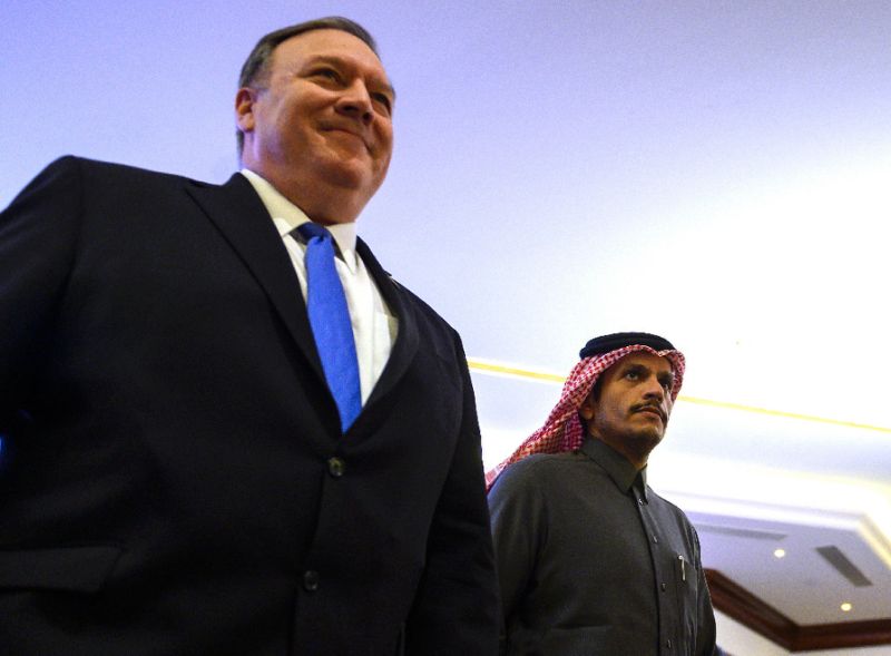 US Secretary of State Mike Pompeo and Qatari Foreign Minister Mohammed bin Abdulrahman Al-Thani arrive for a joint press conference in Doha, Qatar. PHOTO: AFP