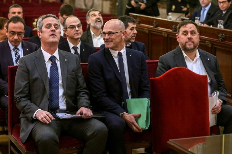 The former Catalan separatist leaders went on trial in Madrid for their 2017 independence bid. PHOTO: AFP