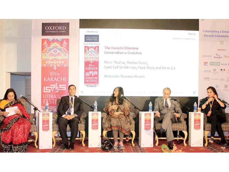 Panellists Dr Syed Saifur Rehman, Marvi Mazhar, Amer Zia and Maniza Naqvi point out the flaws in urban planning which have contributed to Karachi’s woes. PHOTO: NNI