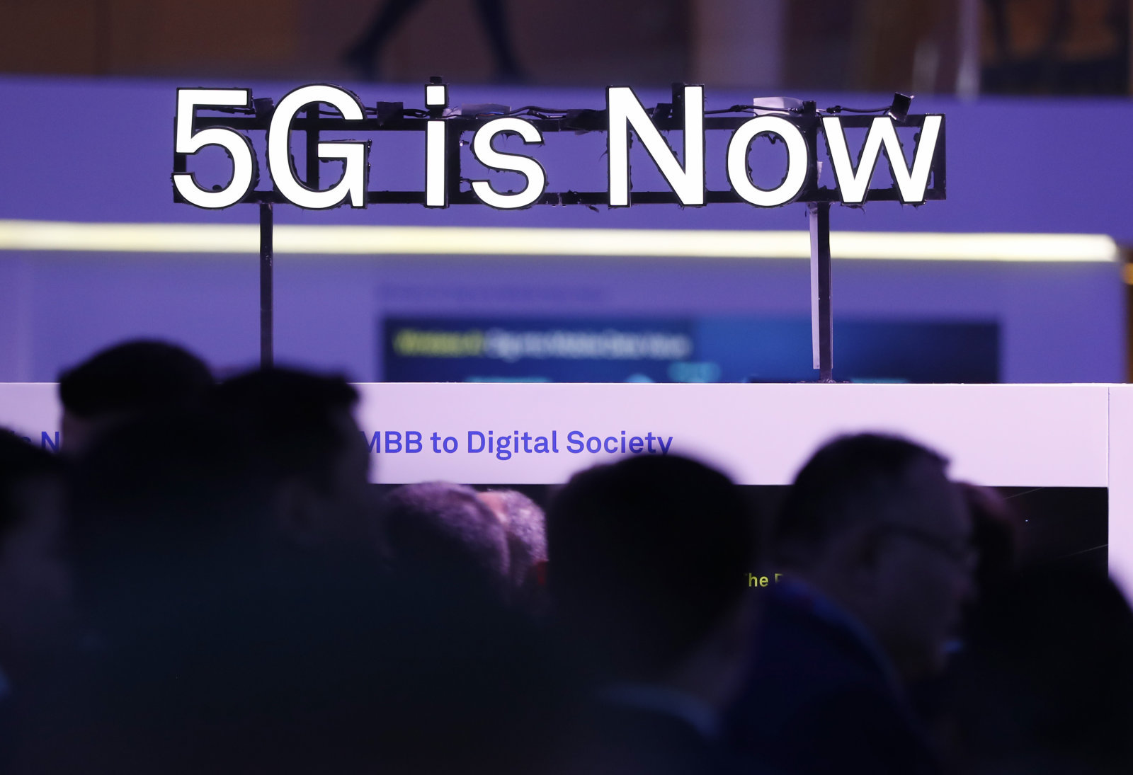 A 5G logo is displayed at the Mobile World Congress in Barcelona, Spain. PHOTO: REUTERS