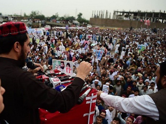 Manzoor Pashteen addresses a PTM rally. PHOTO: AFP/FILE