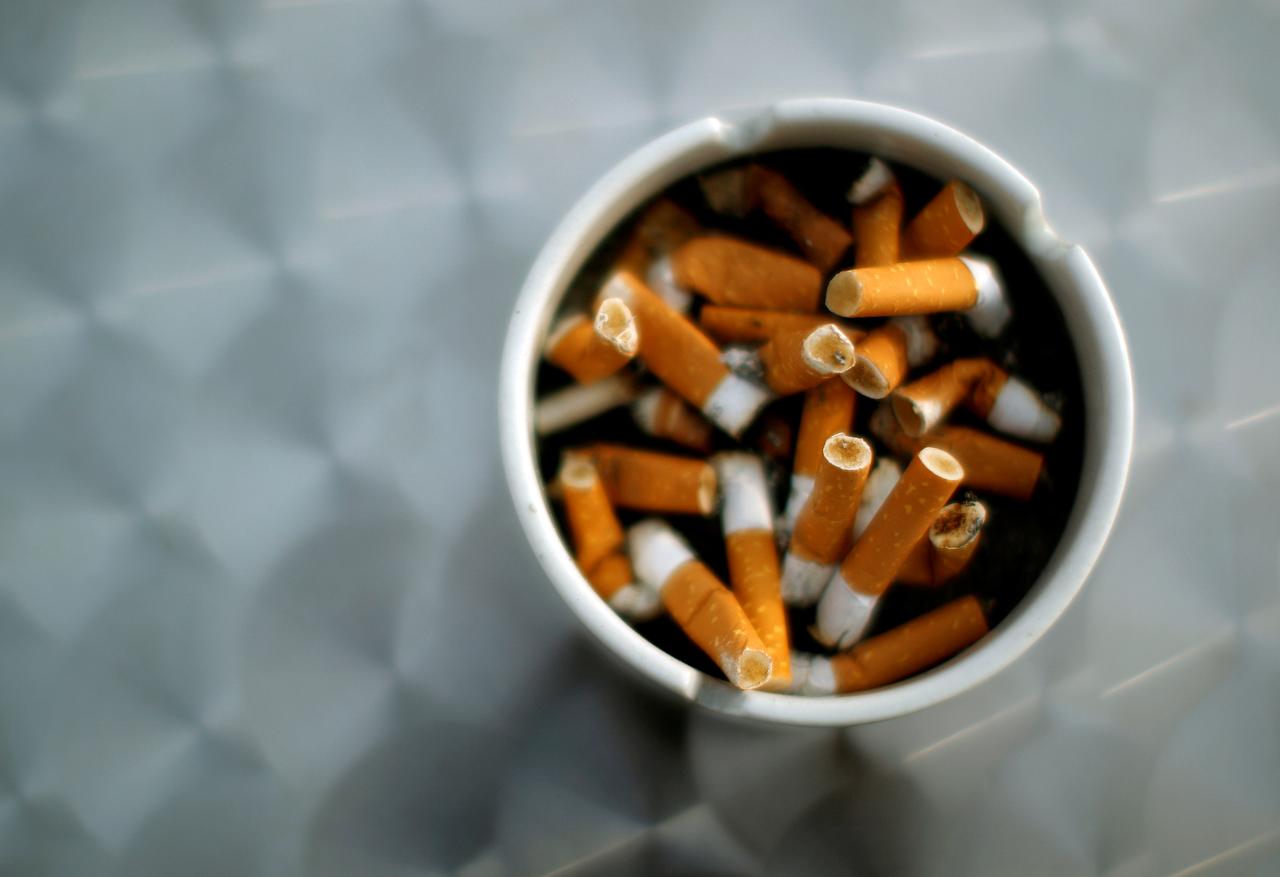 A Reuters file photo showing ash tray with cigarette butts.