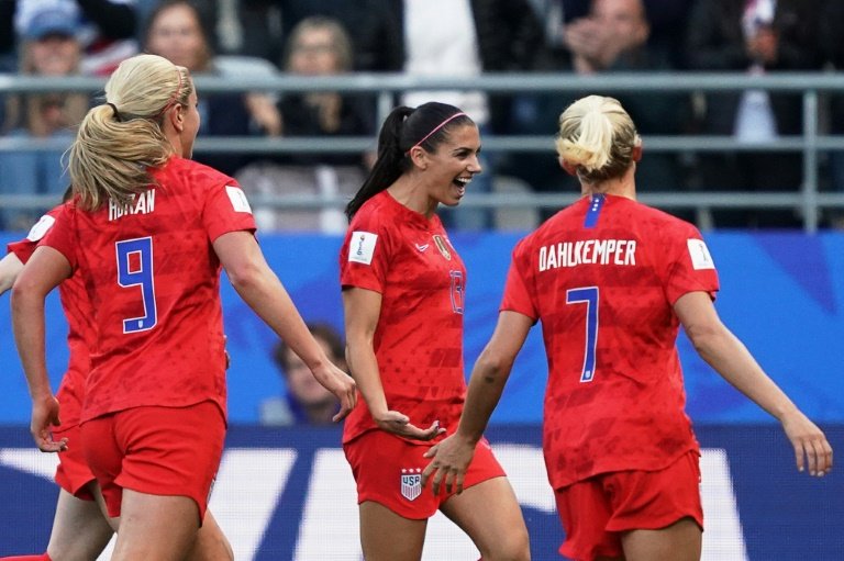 Alex Morgan starred with five goals, Rose Lavelle and Samantha Mewis netted twice each and Lindsey Horan, Megan Rapinoe, Mallory Pugh and Carli Lloyd also got on the scoresheet in an embarrassingly one-sided Group F encounter watched by more than 18,000. PHOTO: AFP