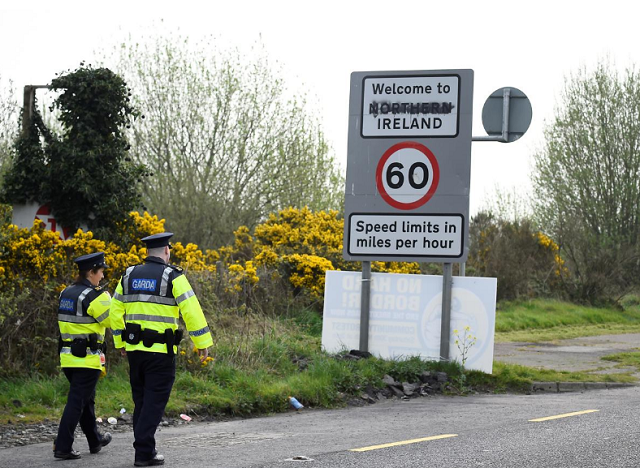 : Irish police officers patrol before U.S. House Speaker Nancy Pelosi's visit to the border between Ireland and Northern Ireland in Bridgend, Ireland. PHOTO: Reuters