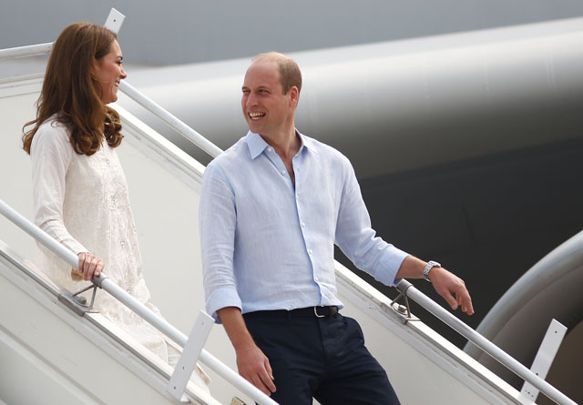 Britain's Prince William and Catherine, Duchess of Cambridge arrive in Lahore on Thursday. PHOTO: REUTERS