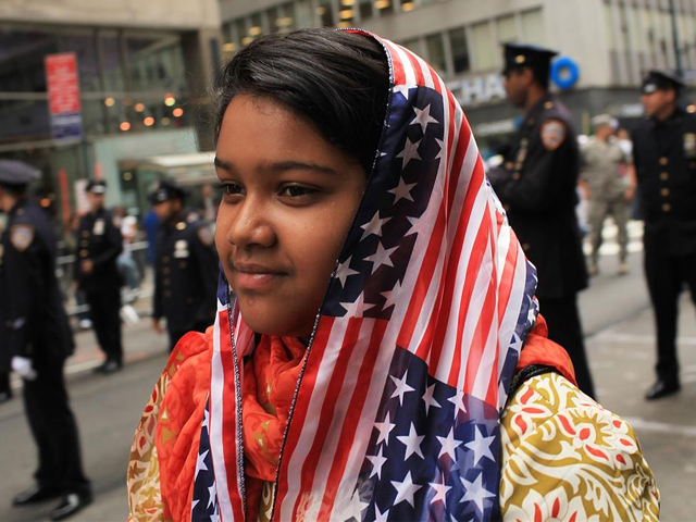 Aliza Fatima, 12, of Queens and a descendent of Pakistani parents, participates in the American Muslim Day Parade on September 26, 2010 in New York. PHOTO: GETTY
