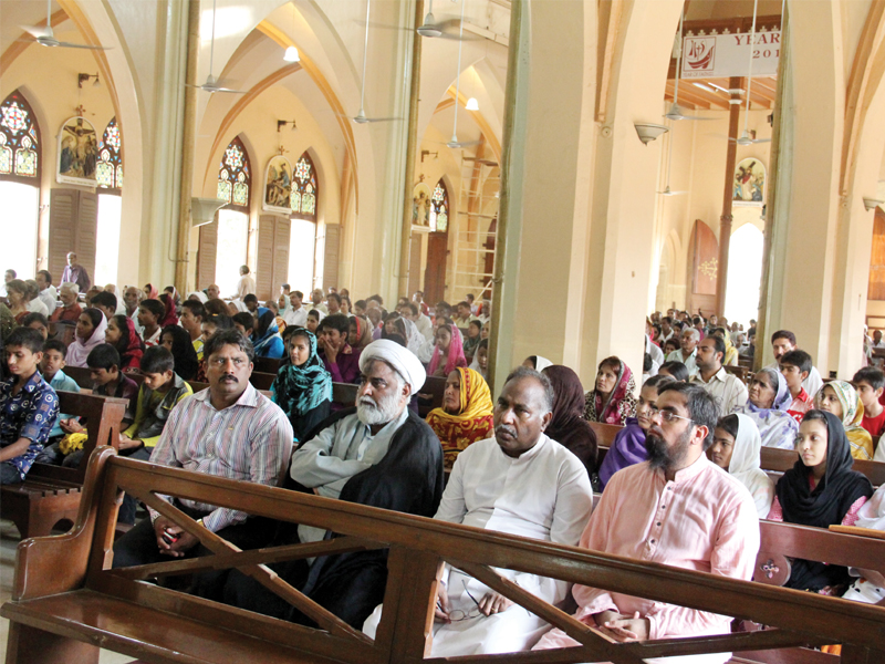 After the prayers by Father Saleh Diego for peace and prosperity at St Patrick’s Cathedral on Sunday, two Muslim scholars, Mufti Faisal Japanwala and Allama Agha Iftikhar Abid Naqvi, were allowed to address the participants. PHOTO: AYESHA MIR/EXPRESS