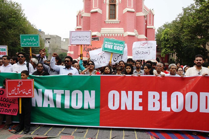 The gathering outside the Lahore church. PHOTO: MALIK SHAFIQ