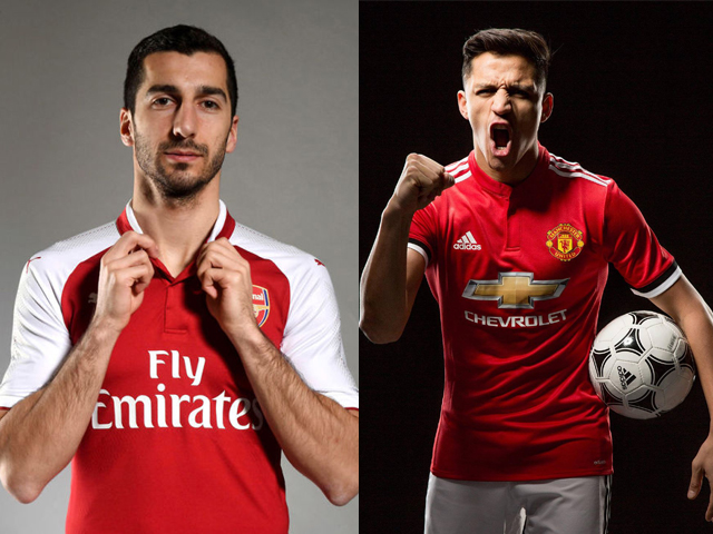 (L): Arsenal Unveil New Signing Henrikh Mkhitaryan at London Colney on January 22, 2018 in St Albans, England. (R): Alexis Sanchez of Manchester United poses after signing for the club at Old Trafford on January 22, 2018 in Manchester, England. PHOTOS: GETTY