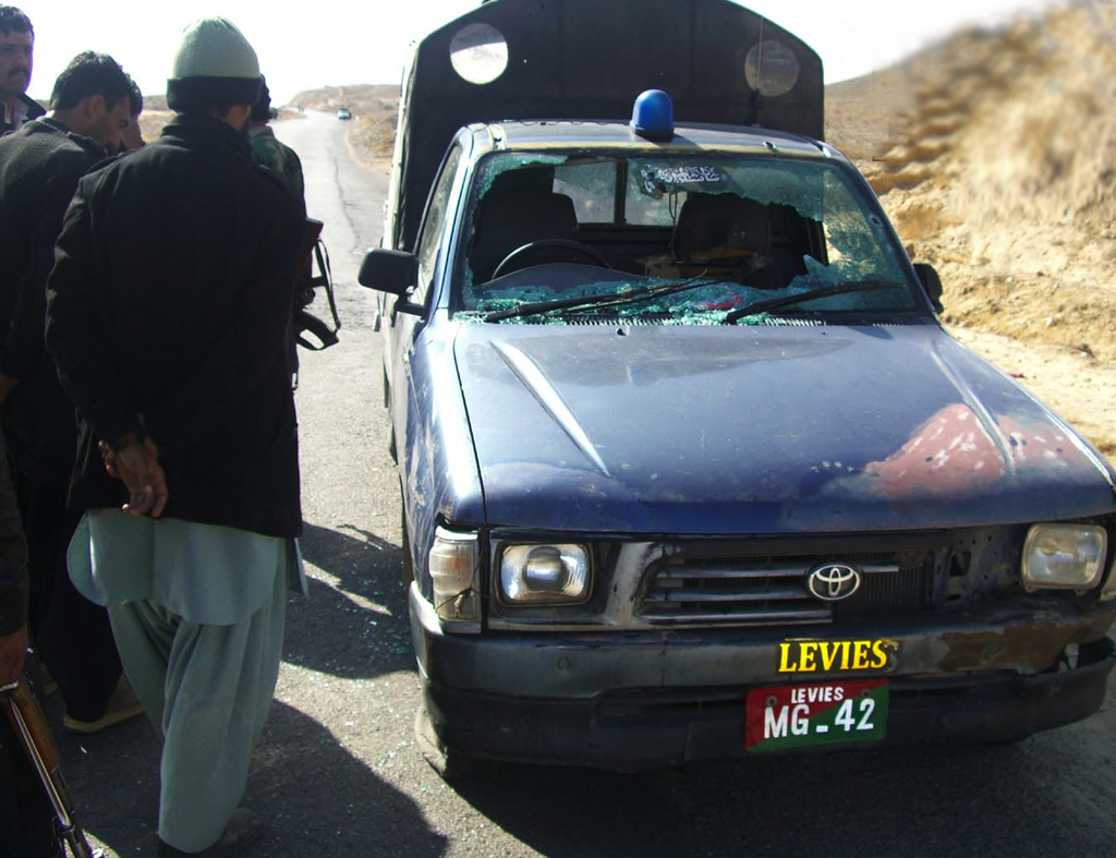 The levies vehicle which was allegedly escorting Colorado over the Mastung highway when it was attacked. PHOTO: EXPRESS/FILE