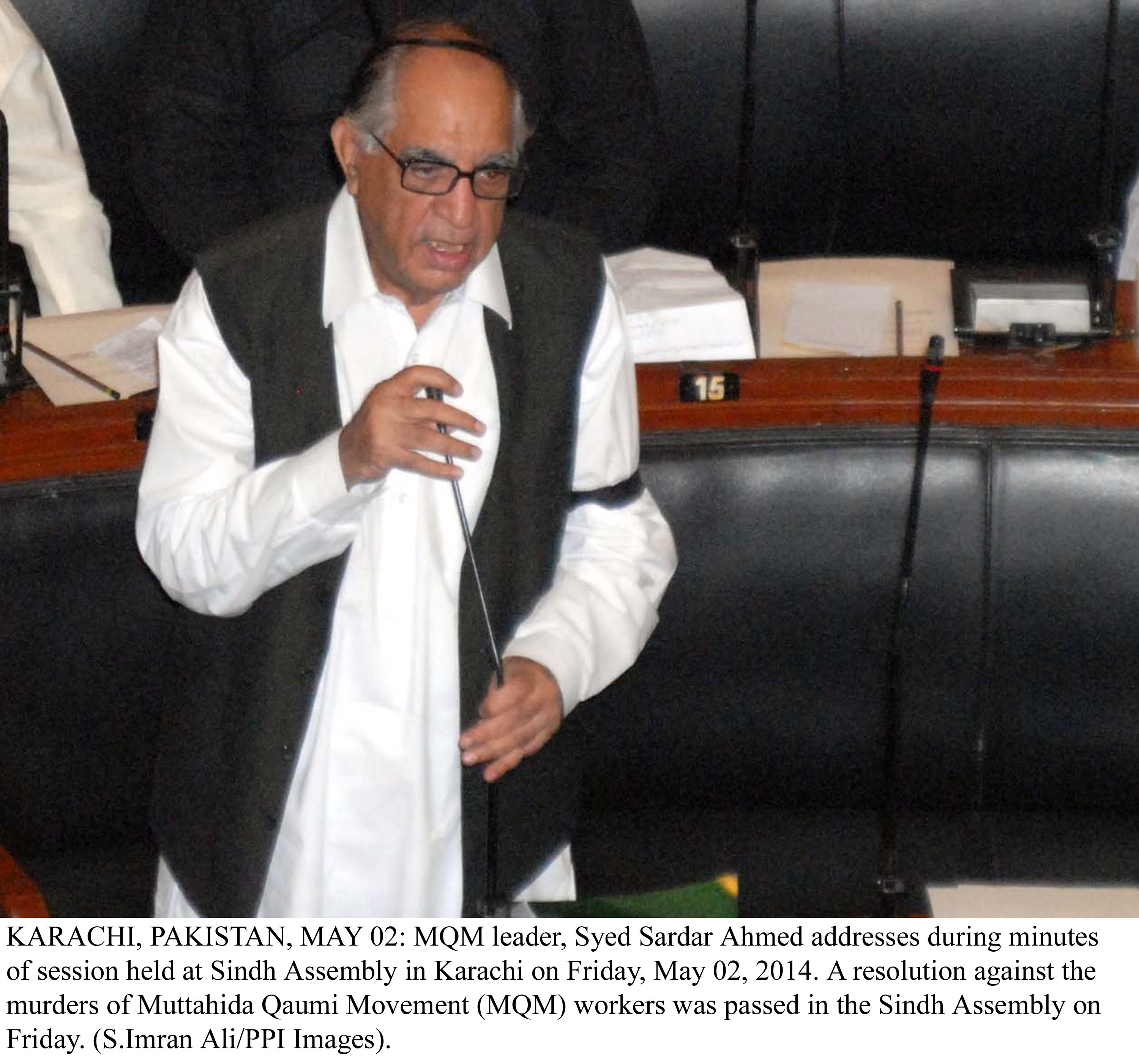 Syed Sardar Ahmed presents his resolution in the Sindh Assembly on Friday. PHOTO: PPI