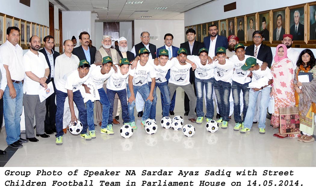 The Speaker National Assembly with the Street Children Football Team at Parliament House in Islamabad on May 14, 2014. PHOTO: PID