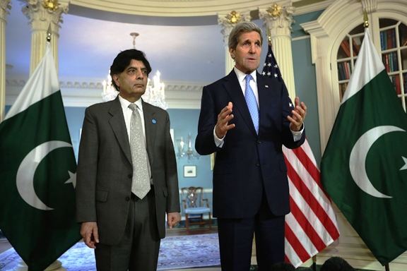 US Secretary of State John Kerry (R) and Interior Minister Nisar Ali Khan speak to members of the media prior to a meeting at the State Department in Washington, DC. PHOTO: AFP