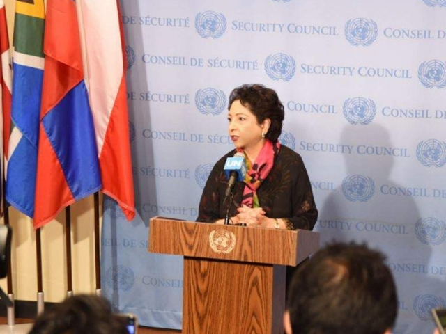 Pakistan's Ambassador to the UN Dr Maleeha Lodhi at the UNSC meeting. PHOTO: TWITTER