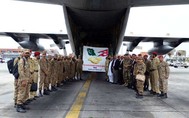Pakistan Army Rescue and Relief contingent comprising doctors, engineers and rescue teams seen shortly after arrival at Katmandu Airport, Nepal. PHOTO: ONLINE