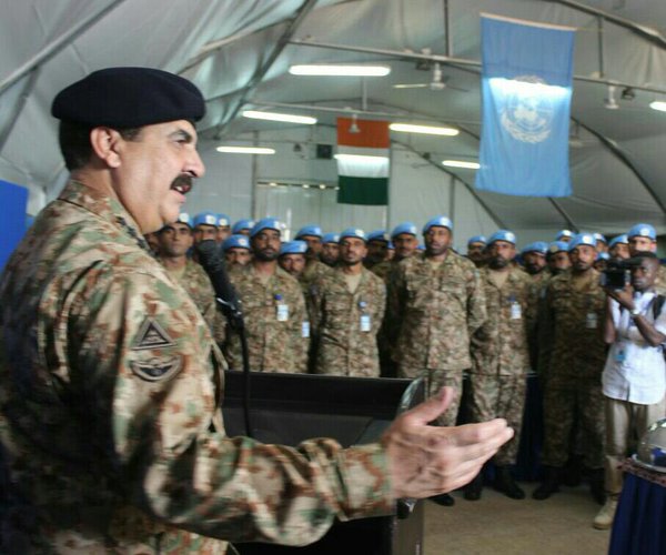 COAS Gen Raheel at the Ivory Coast addressing the troops deployed for Peace Keeping Operations. PHOTO: ISPR